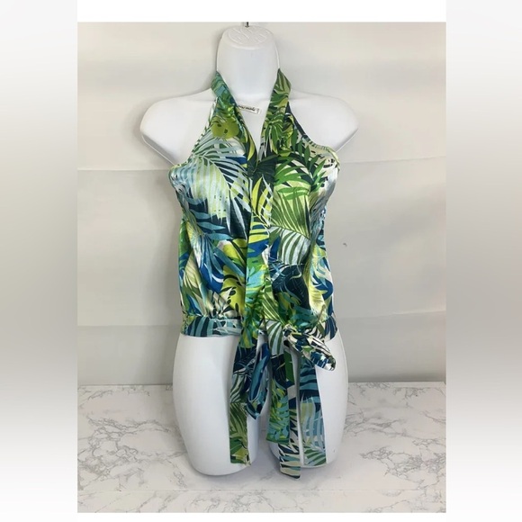 new mode Tops - New Mode Sleeveless Belted Top Womens S Green Jungle Floral Necktie Blouse M1​​​